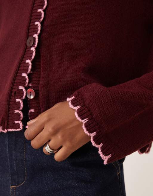 ASOS DESIGN blanket stitch cardigan in burgundy