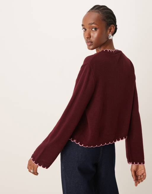 ASOS DESIGN blanket stitch cardigan in burgundy