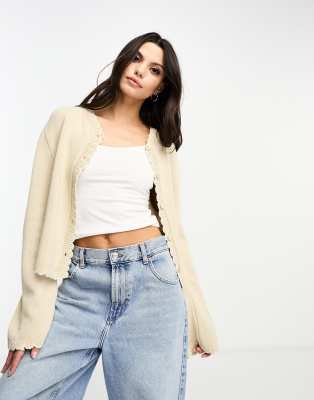 Asos Design Blanket Stitch Cardigan In Ivory-white