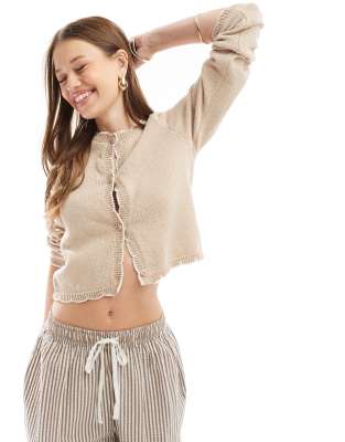 Asos Design Blanket Stitch Cardigan In Oatmeal-neutral