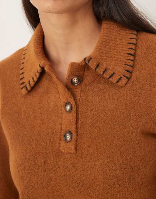 ASOS DESIGN blanket stitch collared polo in toffee, 2 of 4