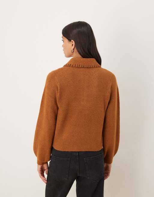 ASOS DESIGN blanket stitch collared polo in toffee, 3 of 4