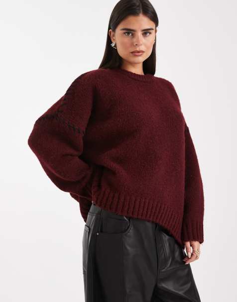 ASOS DESIGN blanket stitch crew neck jumper in burgundy - view 1