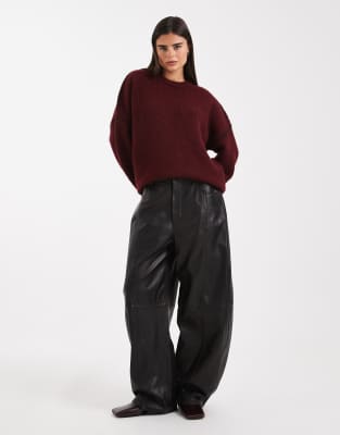 Asos Design Blanket Stitch Crew Neck Sweater In Burgundy