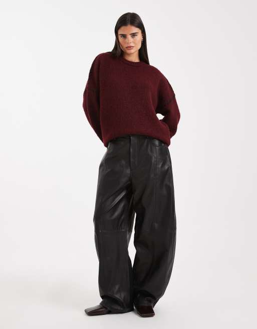 ASOS DESIGN blanket stitch crew neck sweater in burgundy
