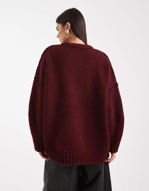 ASOS DESIGN blanket stitch crew neck sweater in burgundy