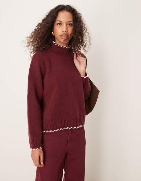 ASOS DESIGN blanket stitch high neck jumper in burgundy