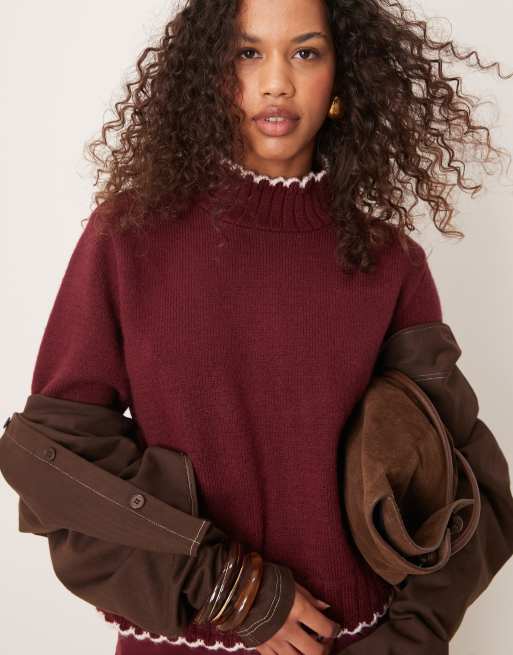 ASOS DESIGN blanket stitch high neck jumper in burgundy, 2 of 4
