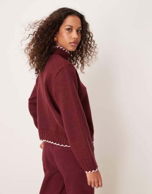 ASOS DESIGN blanket stitch high neck jumper in burgundy, 3 of 4