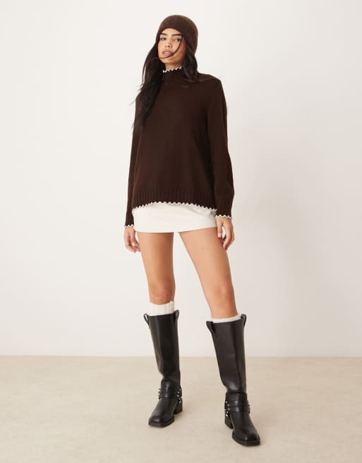 ASOS DESIGN blanket stitch high neck jumper in chocolate