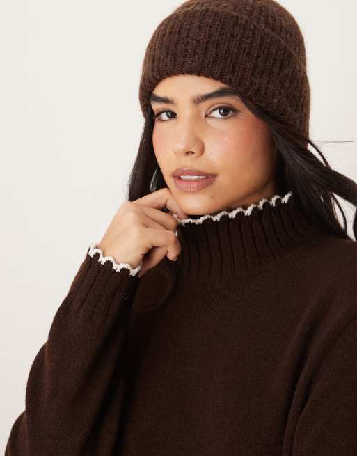 ASOS DESIGN blanket stitch high neck jumper in chocolate
