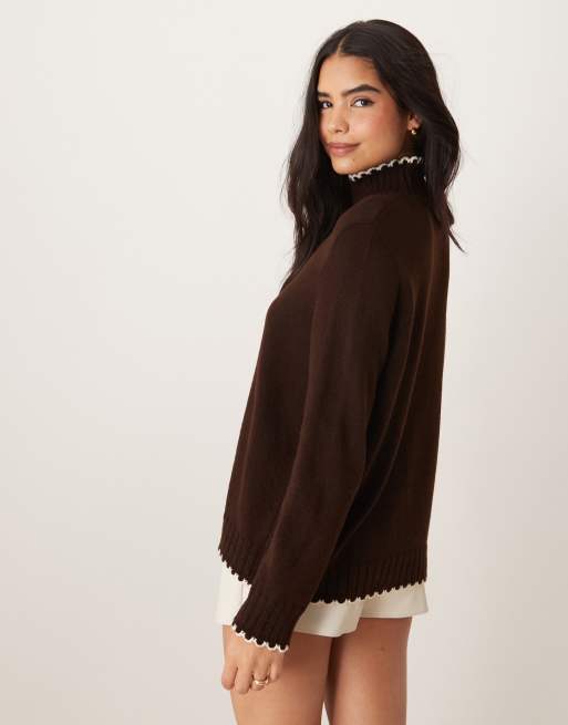 ASOS DESIGN blanket stitch high neck jumper in chocolate