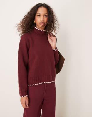 blanket stitch high neck sweater in burgundy-Red