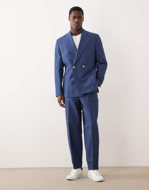 ASOS DESIGN – Blårandig, dubbelknäppt kavaj i regular fit av linnemix, del av kostym, 2 av 5