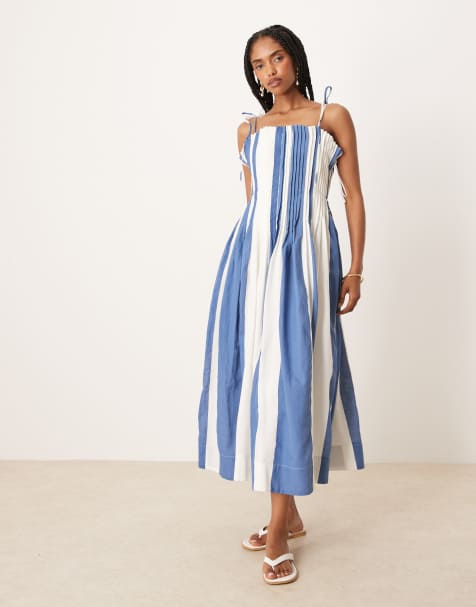 ASOS DESIGN – Blårandig klänning med smala stråveck, markerat liv och knytband - view 1