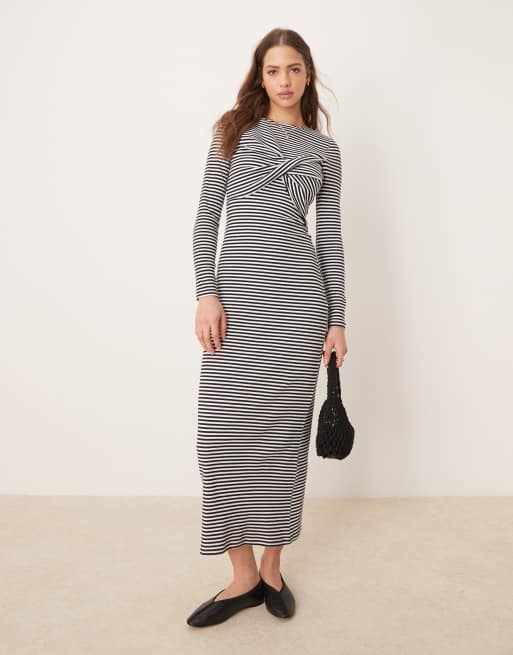 ASOS DESIGN – Blårandig midiklänning med långa ärmar och snurrad knut vid bysten, 3 av 4