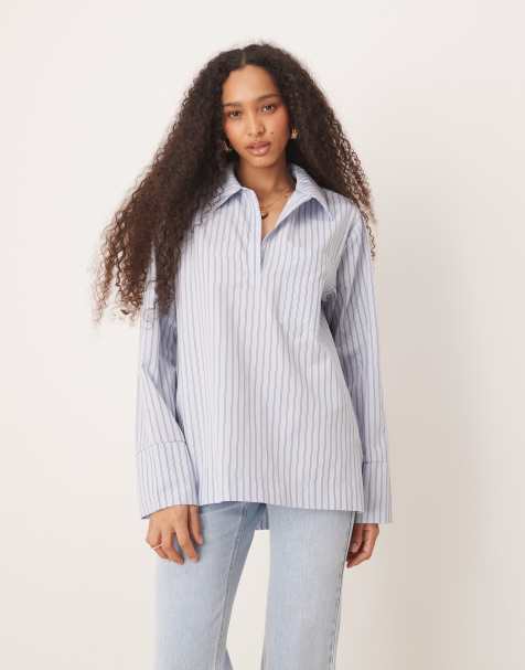ASOS DESIGN – Blårandig poplinskjorta med krage och påsydd ficka - view 1