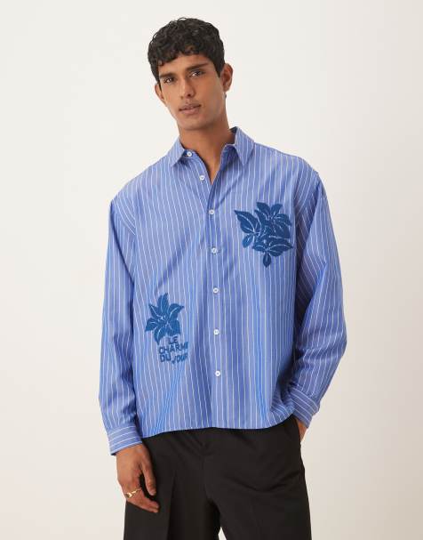 ASOS DESIGN – Blårandig skjorta i oversize med broderi och långa ärmar - view 1