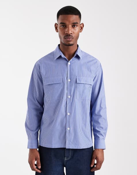 ASOS DESIGN – Blårandig skjorta med avslappnad passform och cargofickor - view 1