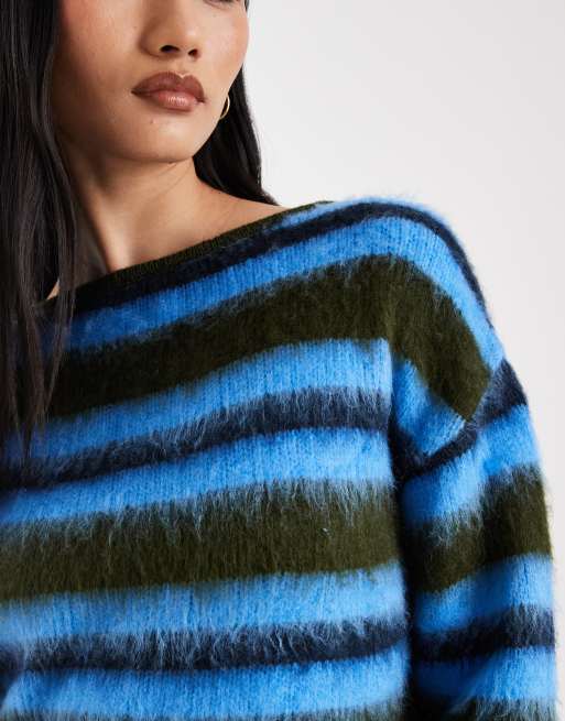 ASOS DESIGN – Blårandig, stickad tröja med borstad finish, 3 av 4