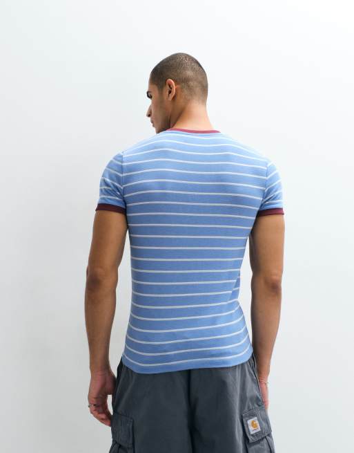 ASOS DESIGN – Blårandig t-shirt med smal passform, struktur och kantrand, 4 av 5