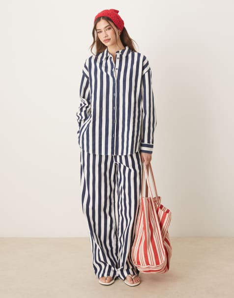 ASOS DESIGN – Blårandiga byxor i linnestil med resårmidja, del av set - view 1