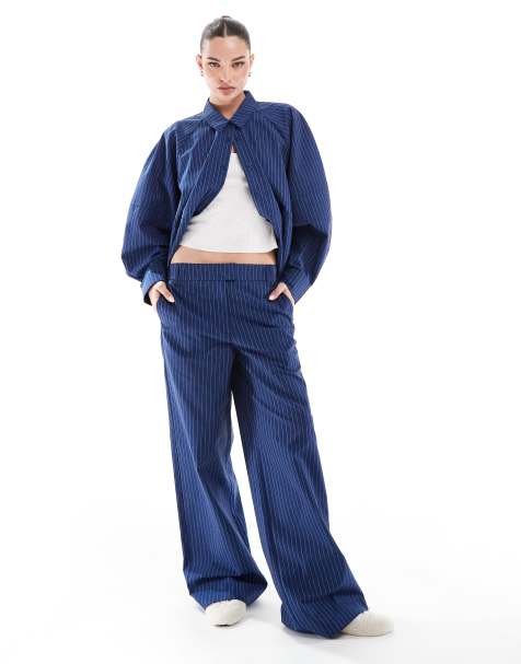 ASOS DESIGN – Blårandigt set med avslappnad skjorta och byxor med låg midja - view 1