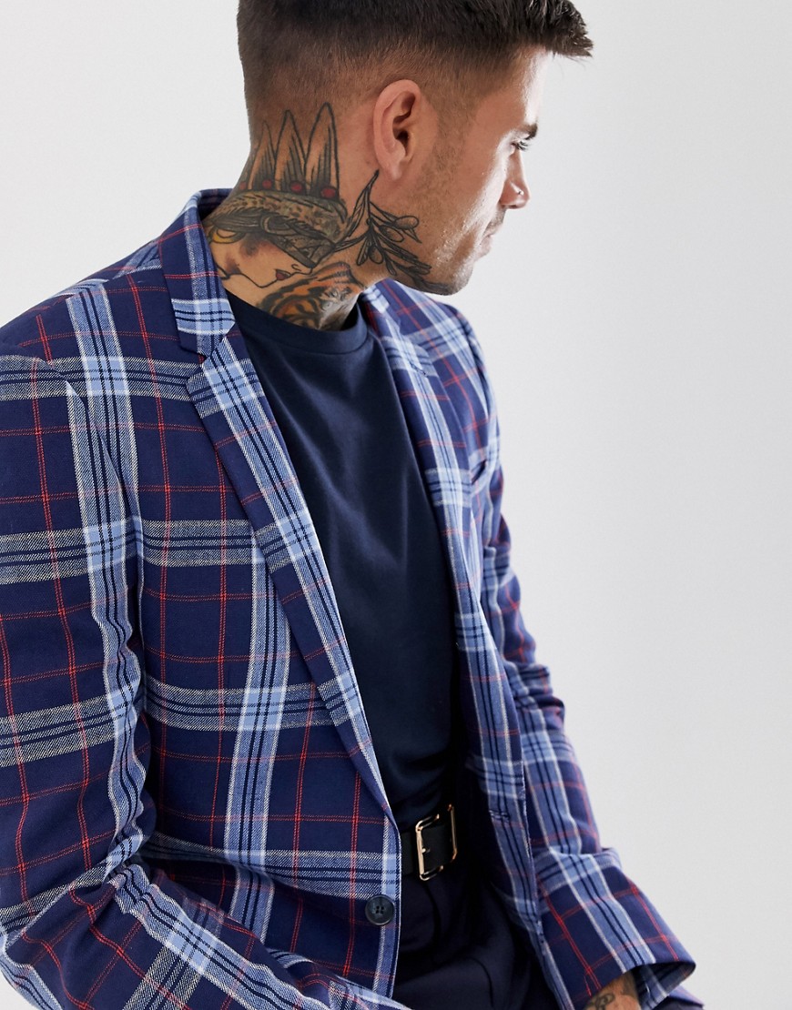 ASOS DESIGN – Blårutig blazer i linne med extra smal passform