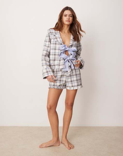 ASOS DESIGN – Blårutiga, borstade pyjamasshorts, del av set - view 1