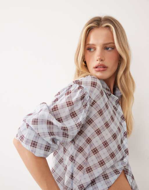 ASOS DESIGN – Blårutigt, halvskirt set med skjorta i lång modell, 3 av 4