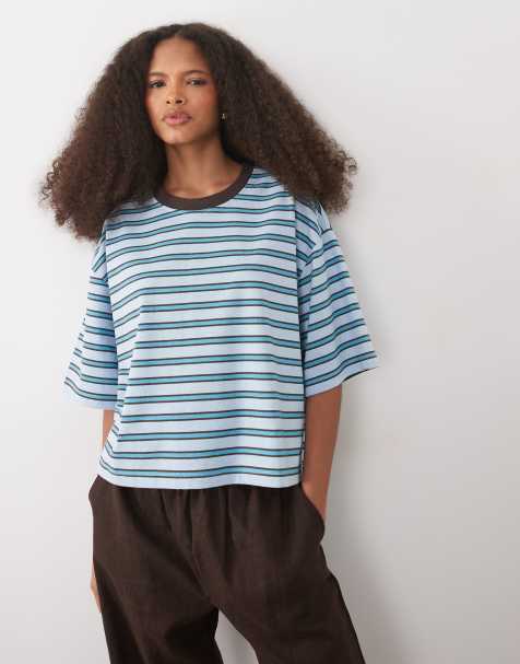 ASOS DESIGN - Blåstribet croptop med firkantet pasform og kantbånd i halsen i kontrast - view 1