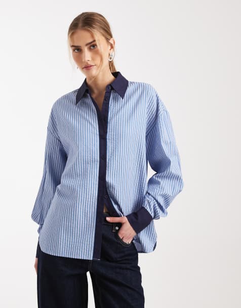 ASOS DESIGN - Blåstribet skjorte med kanrtbånd i kontrast - Del af sæt - view 1