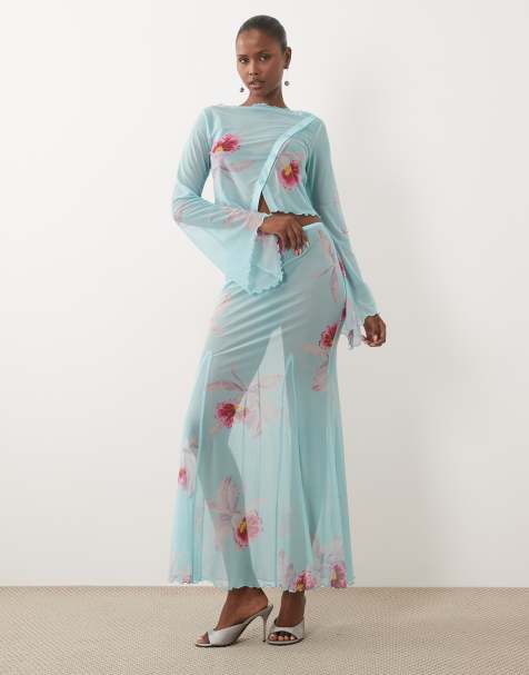 ASOS DESIGN - Blåt gennemsigtigt sæt med cardigan og maxinederdel med blomstermønster - view 1