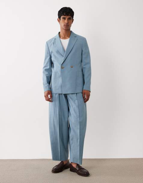 ASOS DESIGN - Blåt jakkesæt med tøndeformede ben og nistret tekstur - view 1
