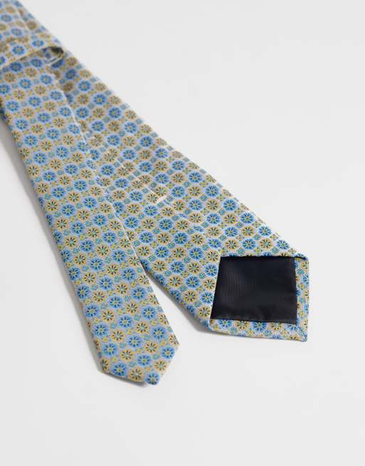 ASOS DESIGN - Blåt og gult slips med geometrisk vintage-blomstermønster, 2 af 3