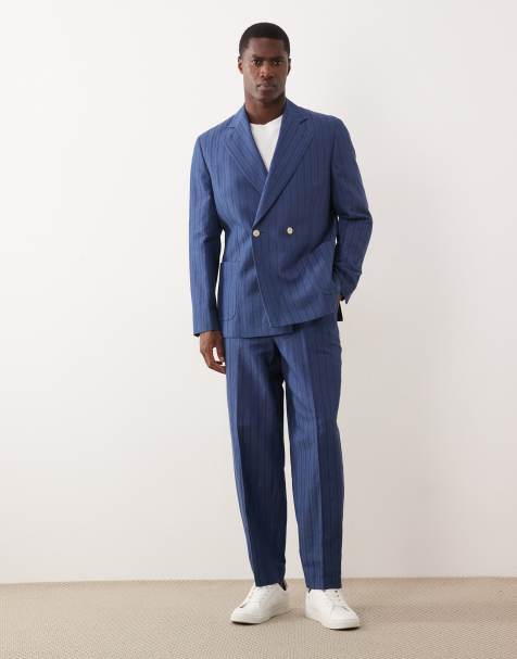 ASOS DESIGN - Blåt oversized jakkesæt med tapered ben og striber i hørblanding - view 1
