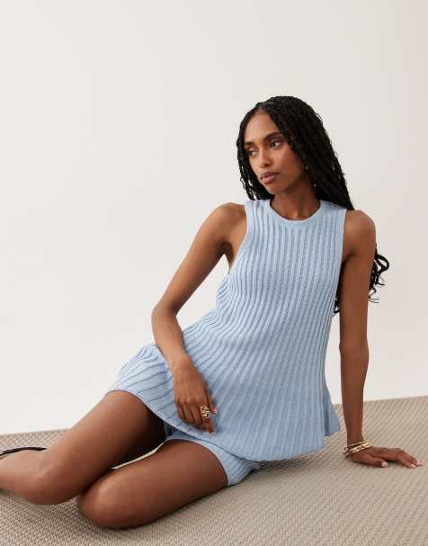 ASOS DESIGN - Blåt strikket sæt med asymmetrisk top med plisseringer - view 1