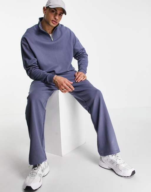 ASOS DESIGN - Blåt træningssæt med oversized sweatshirt med kort lynlås og joggingbukser med lige ben i bomuld - BLUE