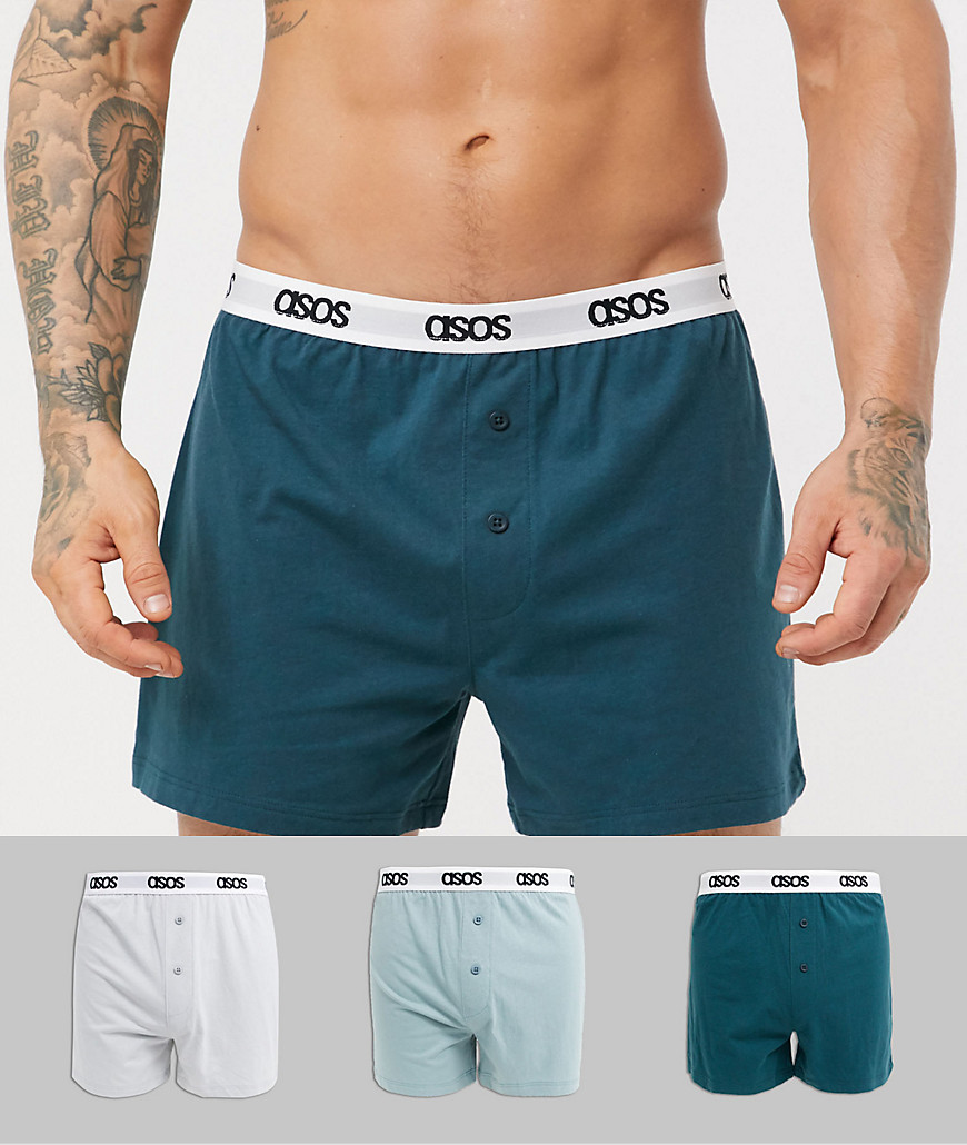 ASOS DESIGN – Blåtonade boxershorts i jersey med logga på midjebandet i 3-pack, spara-Flerfärgad