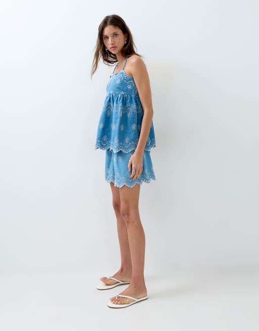 ASOS DESIGN – Blått, broderat linne i denim, del av set, 4 av 5