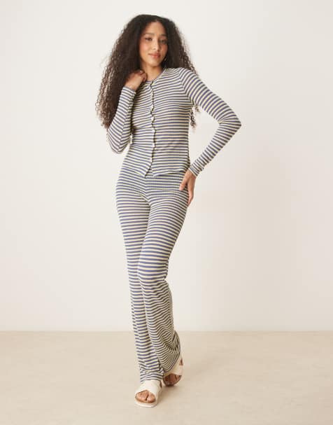 ASOS DESIGN – Blått och gult, randigt, stickat set med kofta och byxor - view 1