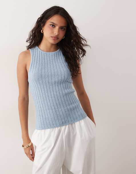ASOS DESIGN – Blått, ribbat linne i bouclé med brottarringning - view 1