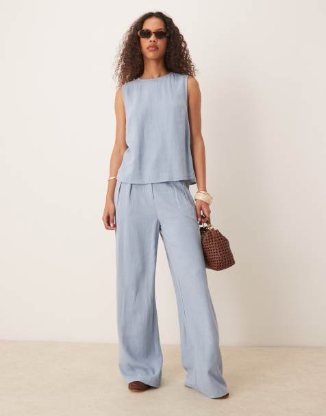 ASOS DESIGN – Blått set i linnetyg med topp och vida byxor med veck framtill - view 1