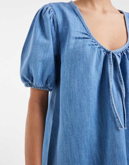ASOS DESIGN – Blåtvättad miniklänning med puffärmar, 3 av 4