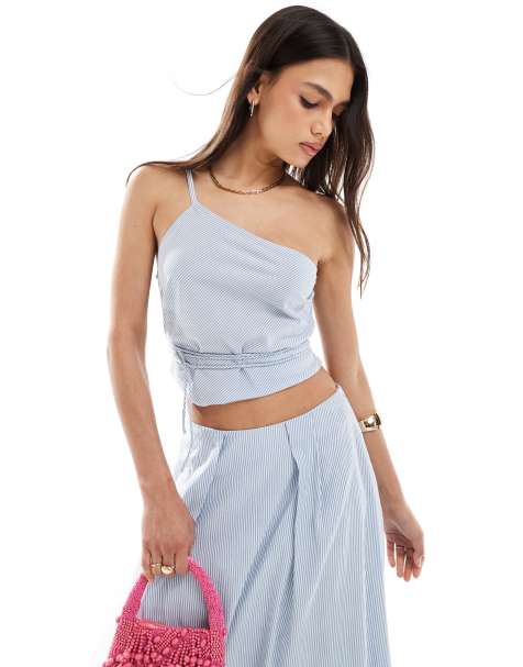 ASOS DESIGN – Blau gestreiftes Oberteil mit One-Shoulder-Träger und Taillenschnürung, Kombiteil - view 1