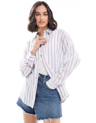 ASOS DESIGN - Blau-weiß gestreiftes Hemd aus Leinenmix-Bunt