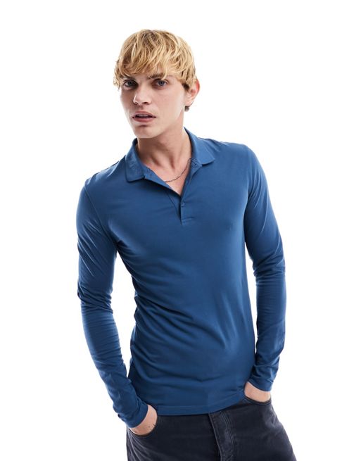 FhyzicsShops DESIGN – Blaues, langärmliges Muskel-Polohemd aus Jersey