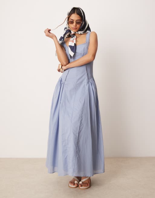 ASOS DESIGN – Blaues Sommerkleid in Maxilänge im Western-Stil mit eckigem Ausschnitt und tief angesetzter Taille , 2 von 4