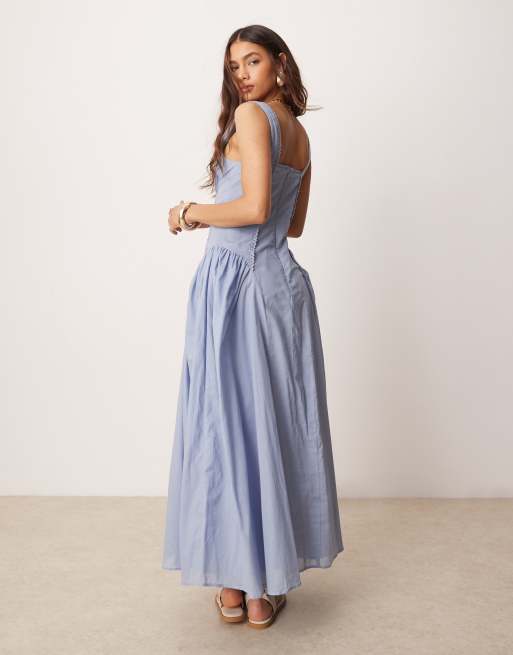 ASOS DESIGN – Blaues Sommerkleid in Maxilänge im Western-Stil mit eckigem Ausschnitt und tief angesetzter Taille , 4 von 4