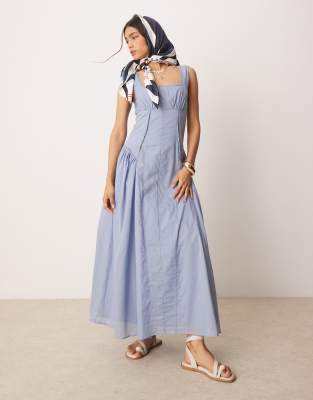ASOS DESIGN - Blaues Western-Maxikleid mit eckigem Ausschnitt und tief angesetzter Taille